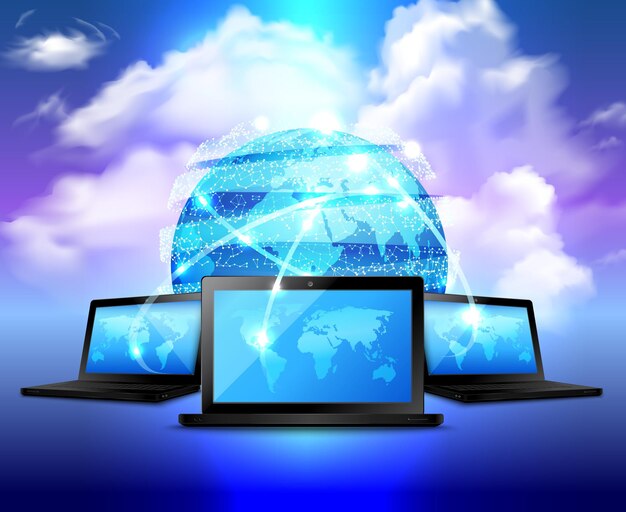 Cloud storage realistic concept with abstract digital globe and three laptop around