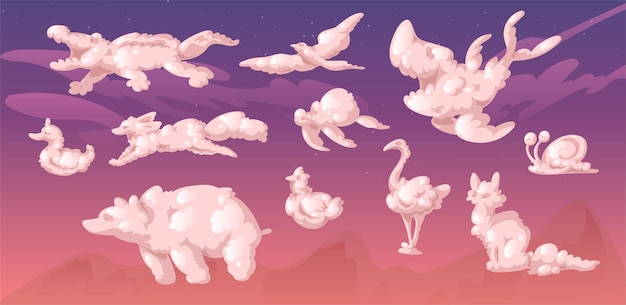 Clouds in shape of cute animals on background of sunset sky. Fox, turtle, birds, shark, snail, bear, crocodile and cat silhouettes. Vector realistic soft fluffy clouds in form of funny animals