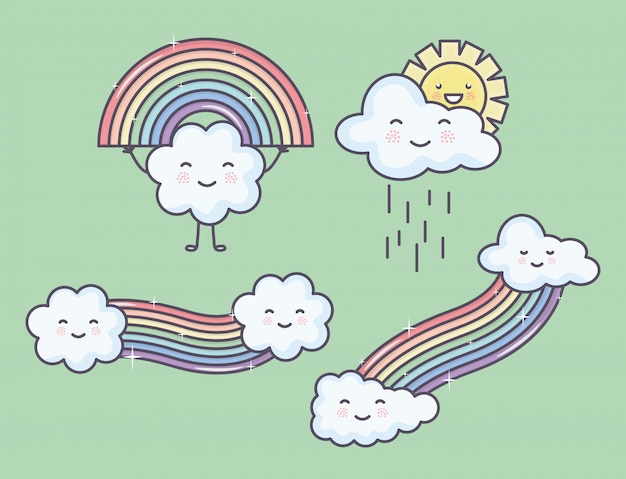 Free Vector clouds sky with rainbow and sun kawaii characters