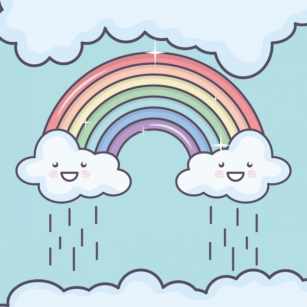 Free Vector clouds sky with rainbow weather kawaii characters