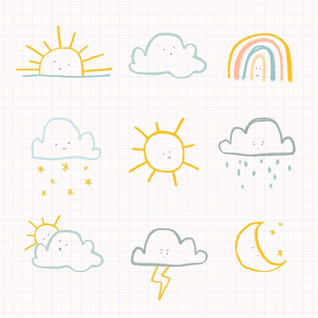 Free vector clouds weather diary sticker vector cute doodle set for kids