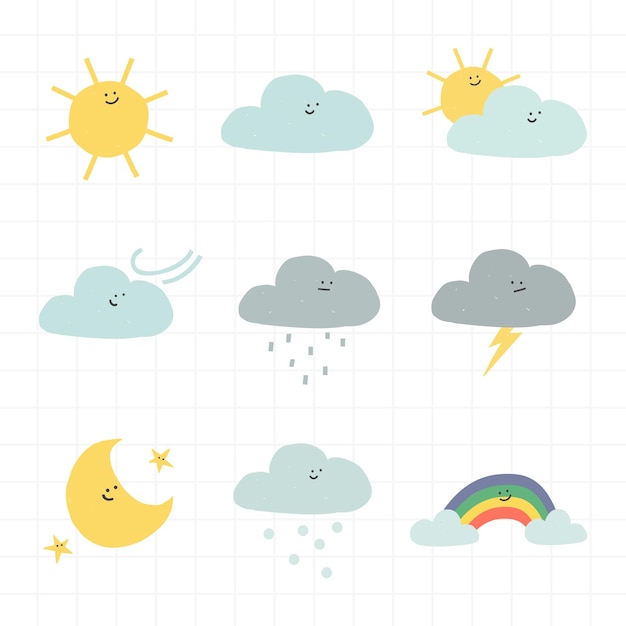 Free Vector clouds weather  sticker with smiling face cute doodle set for kids