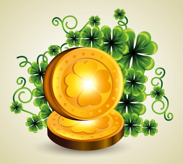 Clovers plants with gold coins for St Patrick's day