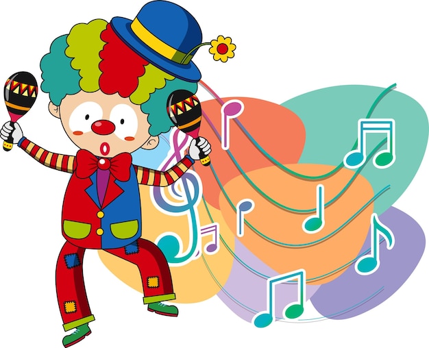 Clown shaking maracas with music notes on white background