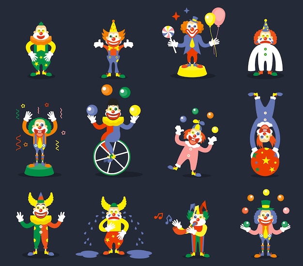 Clown vector characters set. Smile or cry, juggle performer, show carnival, comedian and joker illustration