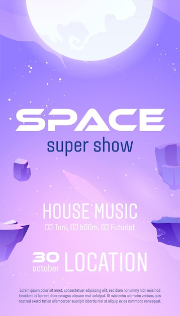 Free Vector club party flyer to space music show. vector template of futuristic design poster of night club concert with techno, house, trance or electronic music. banner with cartoon cosmic illustration