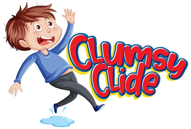 Clumsy Clide logo text design with a clumsy boy