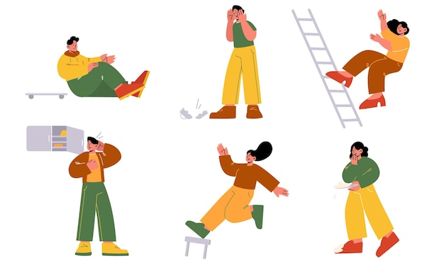 Clumsy people fall from ladder stool get unjury on skateboard Vector flat illustration of men and women characters fail break cup hit head of door drop food get hurt