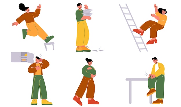 Clumsy people unexpected accidents male and female characters fall down from ladder or stool smash dishes hit foot elbow or head by furniture men or women getting injury Line art flat vector set