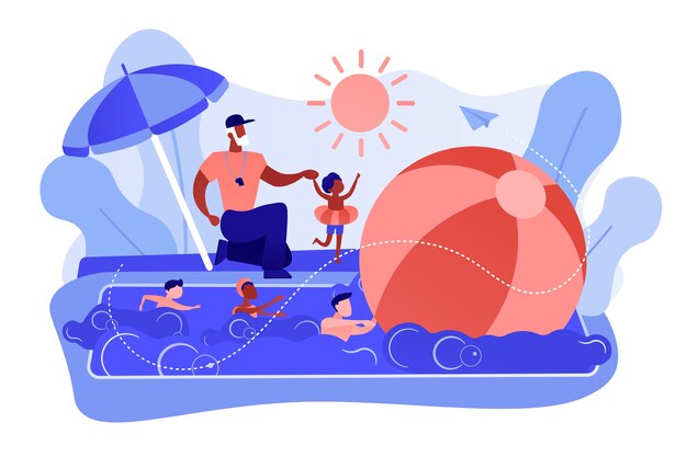 Coach teaching and children learning to swim in the pool in summer camp, tiny people. Swim camp, open water trainings, best swimmer course concept. Pinkish coral bluevector isolated illustration