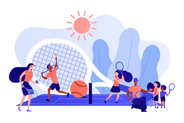 Coaches and kids on the court practicing with rackets in summer camp, tiny people. Tennis camp, tennis academy, junior tennis training concept. Pinkish coral bluevector isolated illustration