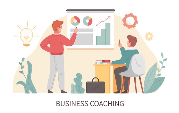 Coaching flat cartoon concept with business training scene vector illustration