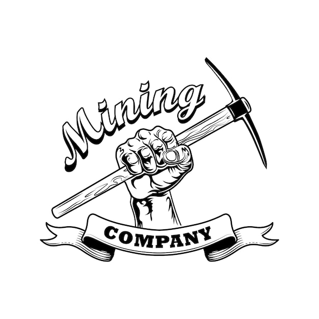 Coal miners hand vector illustration. Twibill in human fist, text on ribbon. Coal mining company concept for emblems and badges templates