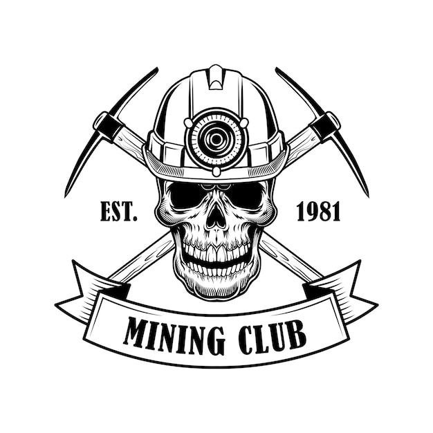 Free Vector coal miners skull vector illustration. head of skeleton in helmet with torch, crossed twibills and text. coal mining tools concept for emblems and badges templates