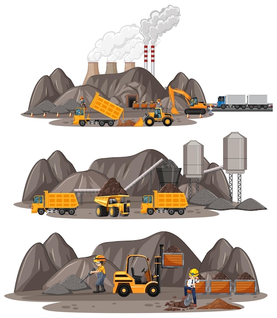 Free Vector coal mining scene with different types of construction trucks