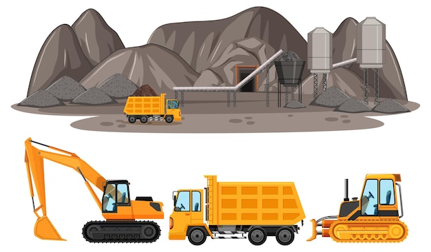 Free Vector coal mining scene with different types of construction trucks