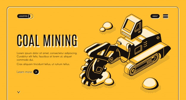 Free Vector coal mining web banner with bucket-wheel excavator working in quarry line art 