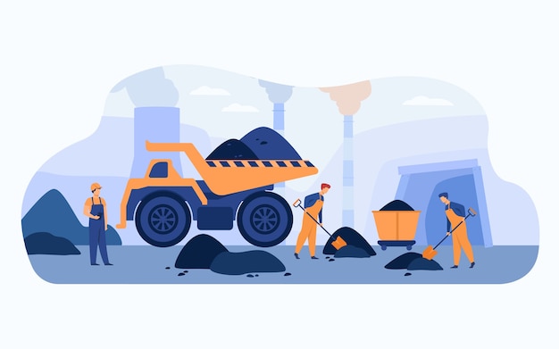 Free Vector coal pit workers in overalls digging heaps of coal with spades near carts, truck and smoking plant pipes. vector illustration for extraction of minerals, mining, miners concept.