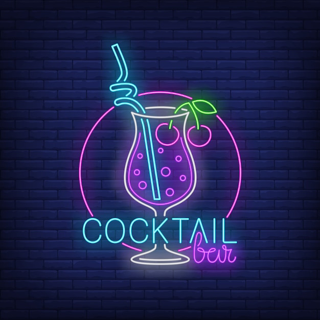 Cocktail bar neon text, drink with straw and cherries