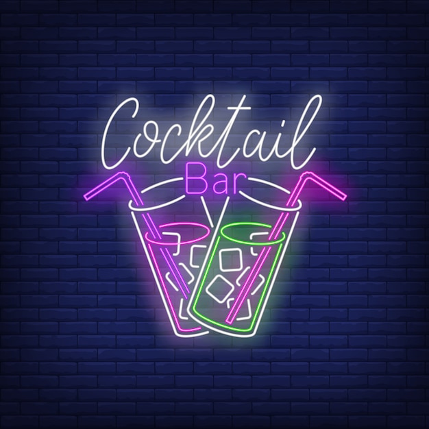 Cocktail bar neon text, two drink glasses, straws and ice cubes