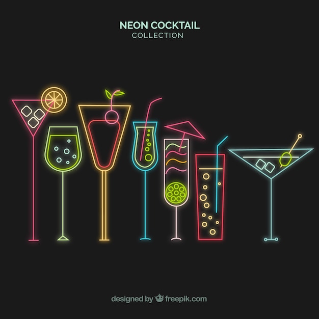 Cocktail collection with neon lights style