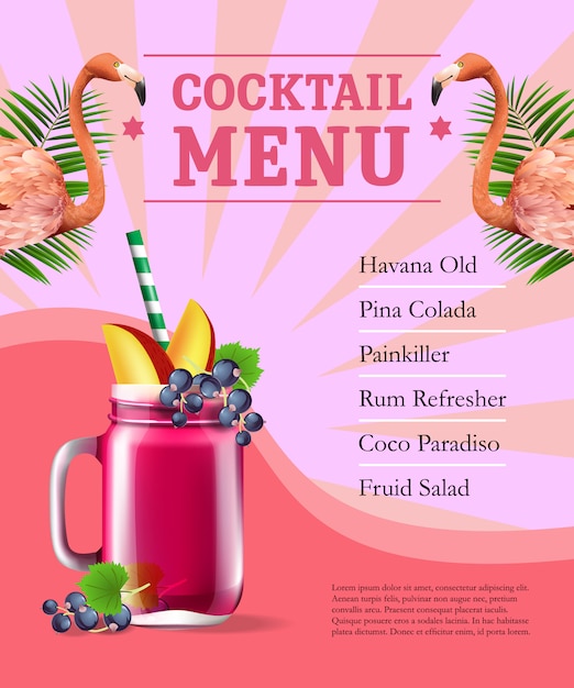 Cocktail menu poster. Fruit juice and flamingoes and palm leaves