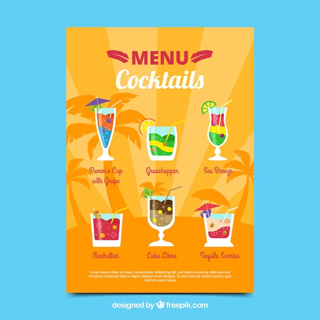 Cocktail menu template with flat design