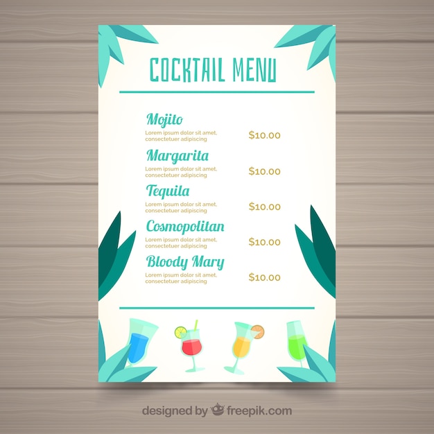 Cocktail menu template with palm leaves