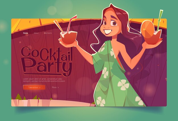 Cocktail party landing, woman with coconut drinks