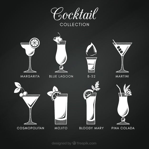 Cocktails collection in blackboard style