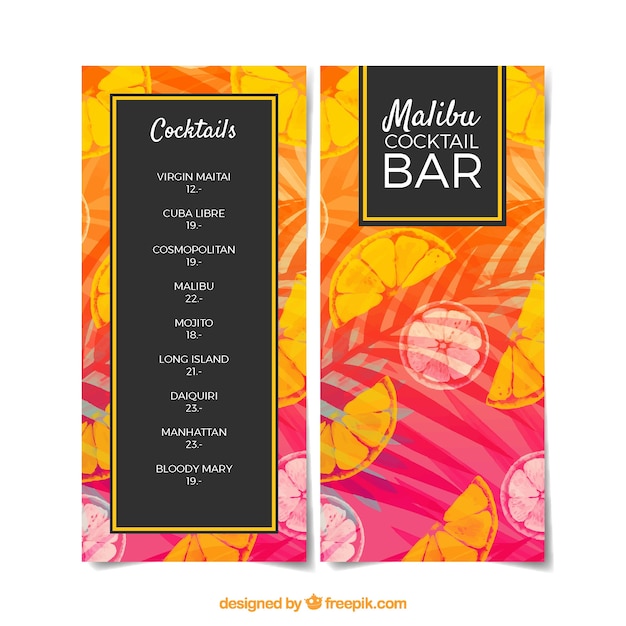 Free Vector cocktails menu template in watercolor style