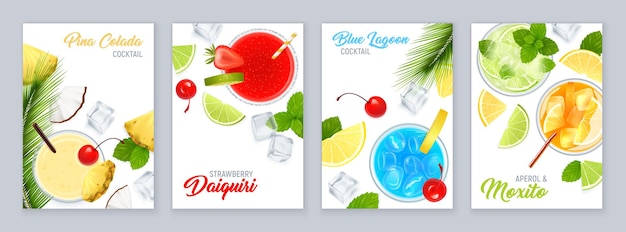 Cocktails top view poster set with tropical fruit and realistic illustration