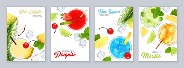 Cocktails top view poster set with tropical fruit and realistic illustration