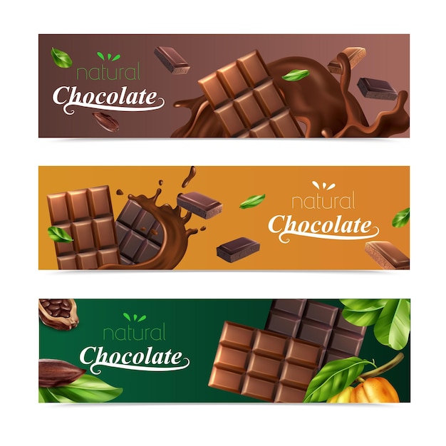 Cocoa horizontal banners set with natural chocolate bars and cocoa beans isolated