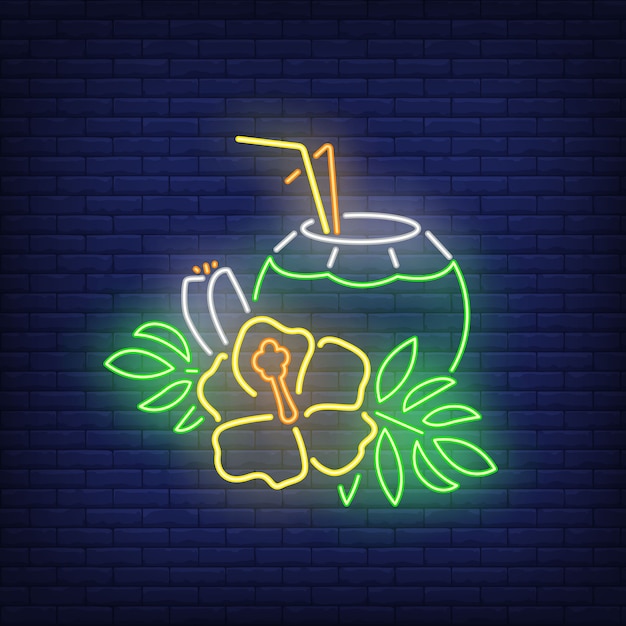 Coconut cocktail neon sign. Tropical drink and yellow flower with leaves.