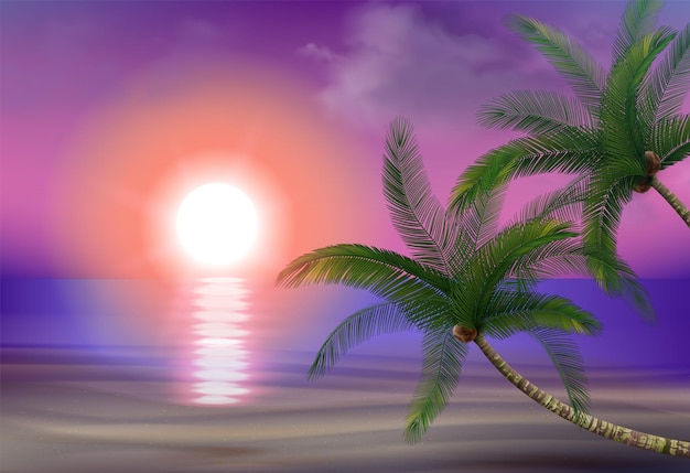 Free Vector coconut palm trees sunset beach realistic composition with outdoor sundown landscape purple sky and exotic plants vector illustration