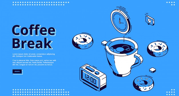 Coffee break isometric landing page, breakfast