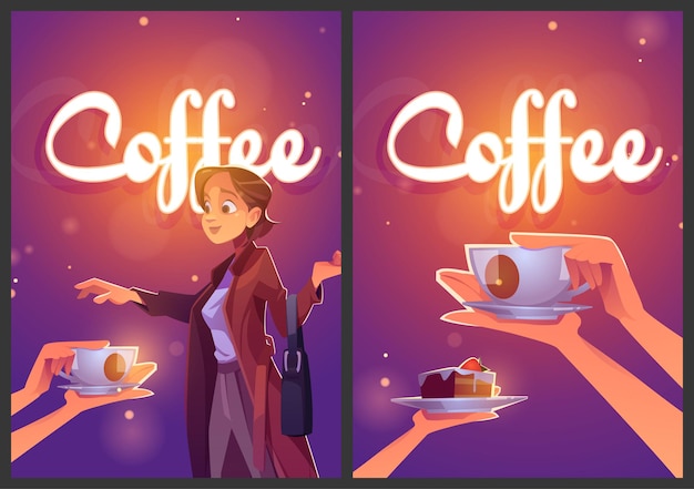 Coffee cartoon ad posters, woman take cup of drink