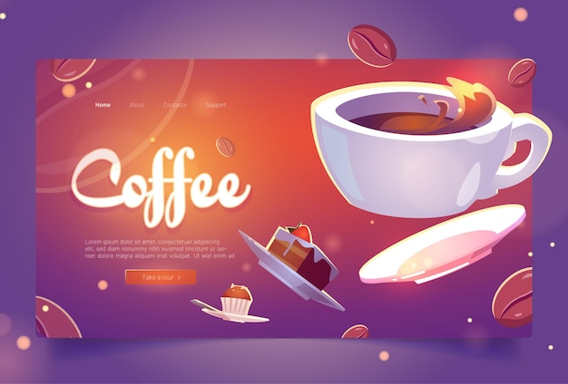 Coffee cartoon landing page white cup of hot drink