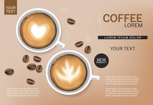 Coffee cup and beans vector realistic. White cups with foam. Product placment mock ups