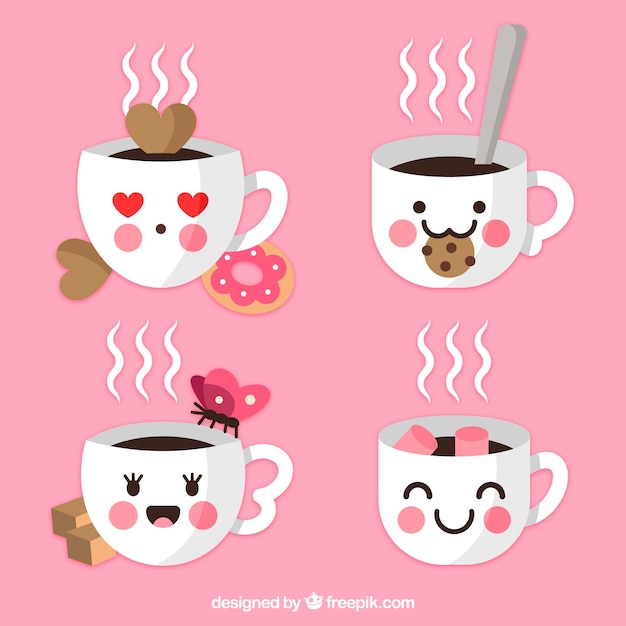 Free Vector coffee cup collection with cookies and faces