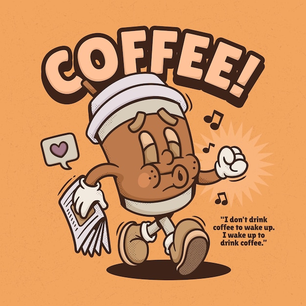 Free vector coffee cup cute trendy retro cartoon vector hand drawn