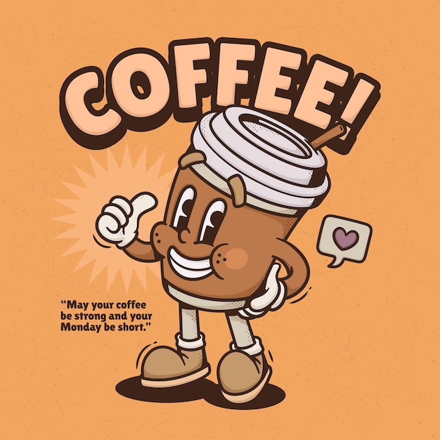 Free vector coffee cup cute trendy retro cartoon vector hand drawn