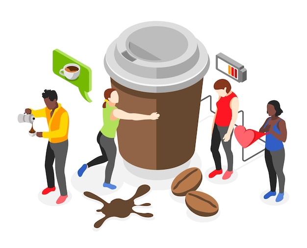 Free Vector coffee isometric design concept with small people characters around big paper cup of coffee vector illustration