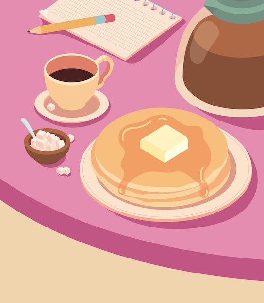 coffee pancakes and notepad on table