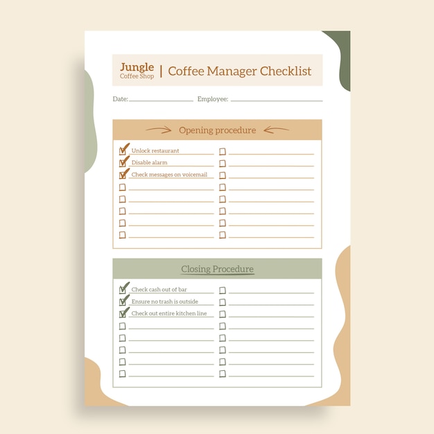 Coffee shop checklist template design