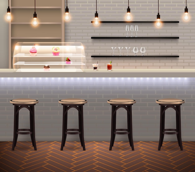 Free Vector coffee shop modern trendy interior with bar stools and counter with pastry at brick wall 