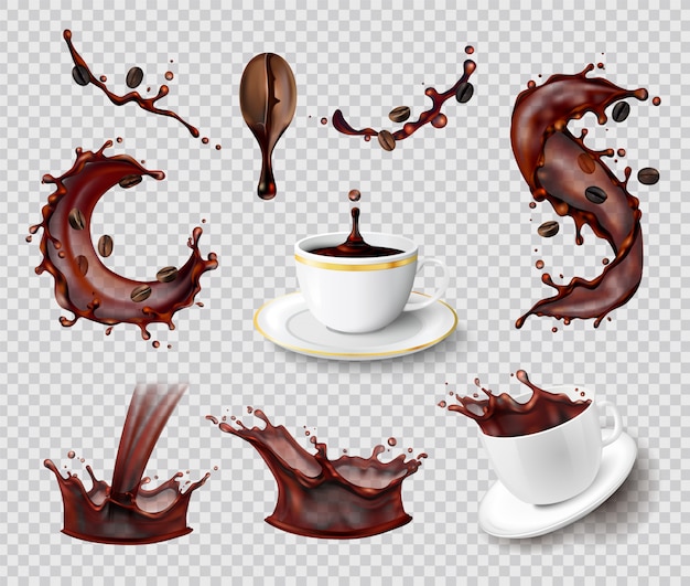 Free Vector coffee splashes realistic set of isolated liquid spray coffee bean and ceramic cups on transparent 