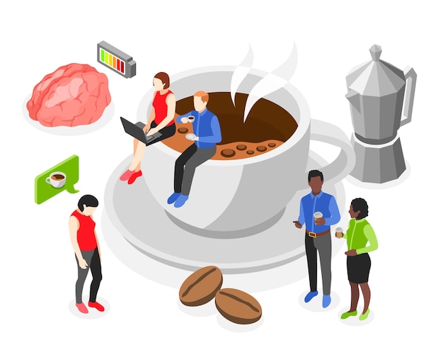 Free Vector coffee time isometric concept with little office people sitting on big coffee cup vector illustration