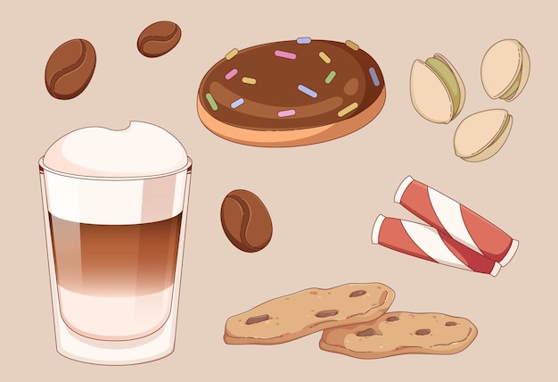 Free Vector coffee with milk and cream in glass with desserts